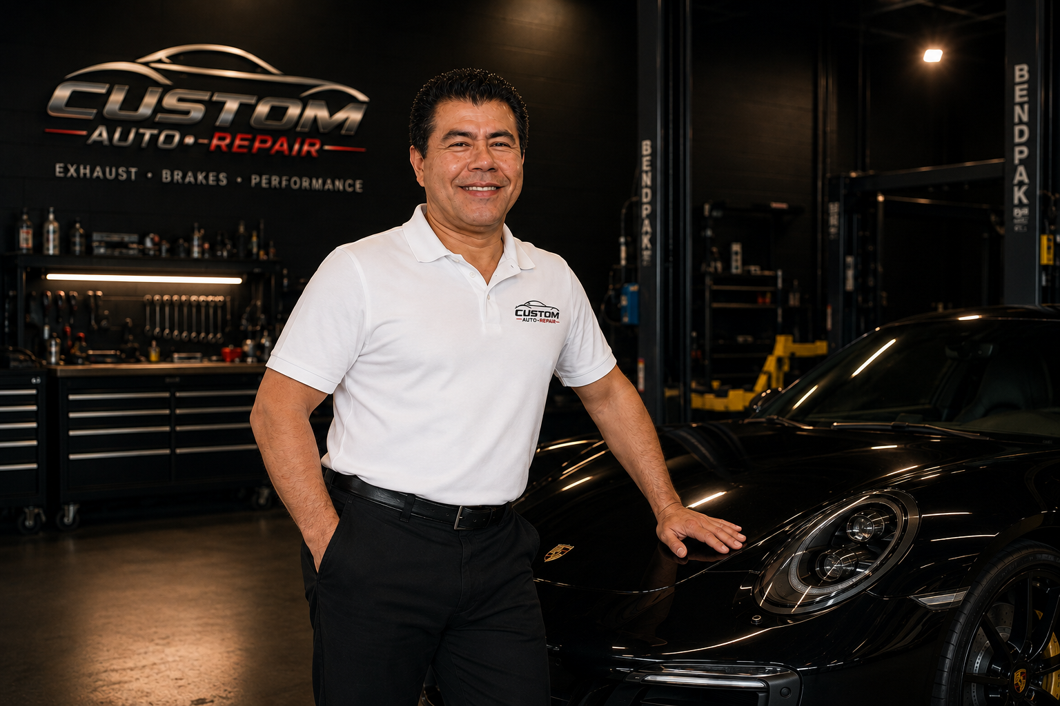 Family owner of Custom Muffler & Brakes beside a black Porsche in the Hawthorne shop