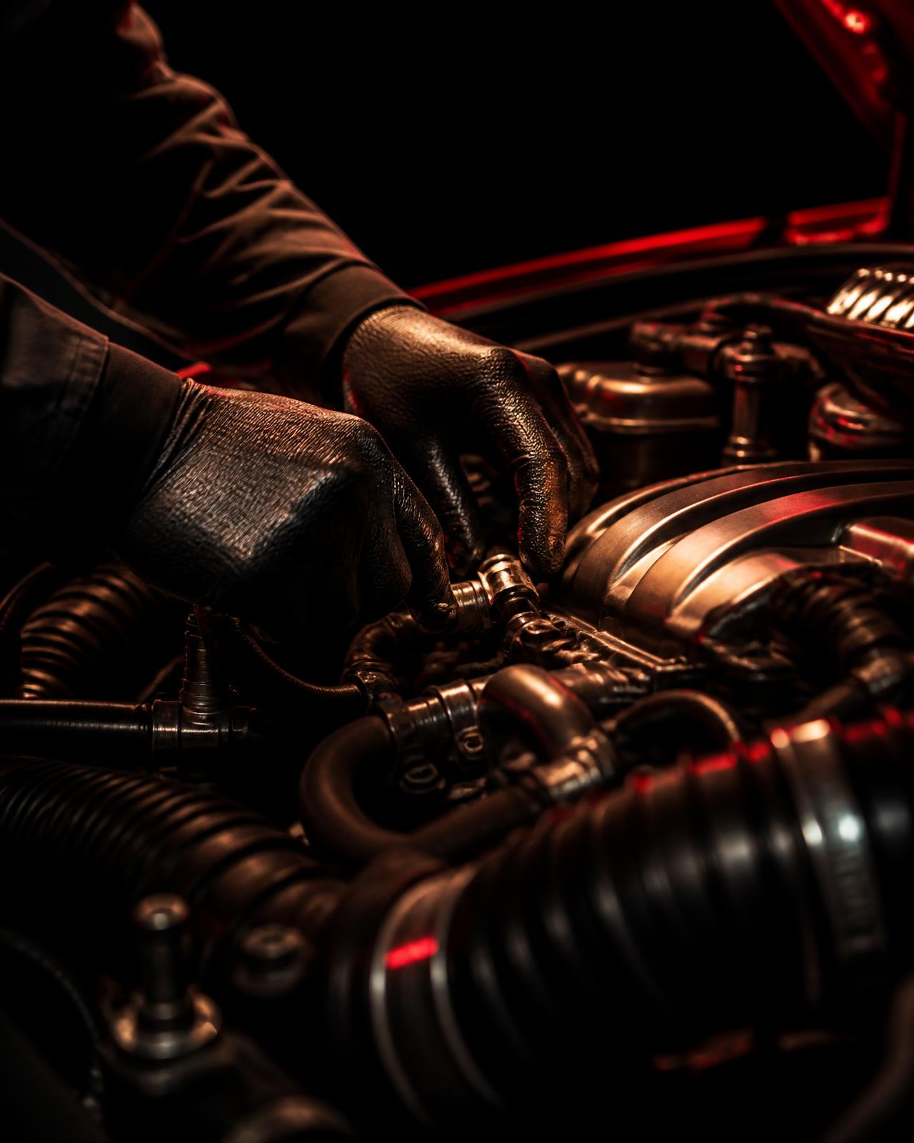 Technician's gloved hands working in an engine bay